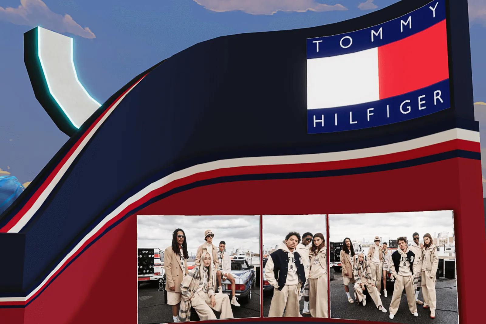 Tommy Hilfiger models in a virtual space.