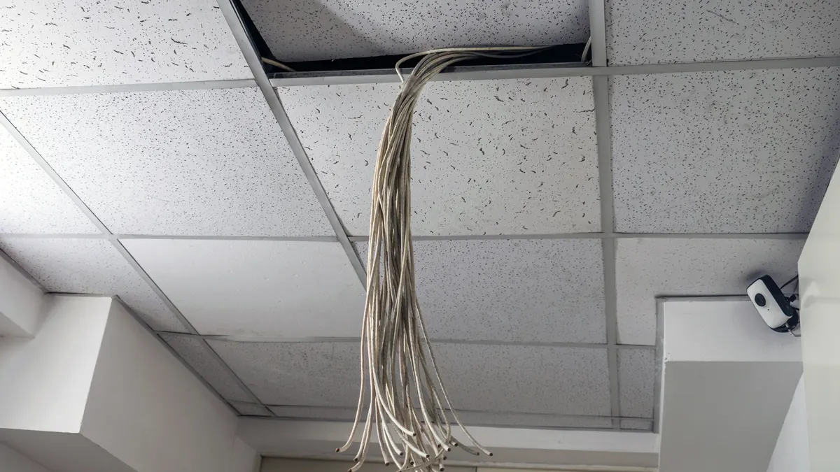 Plenum communications cable coming out of drop ceiling tiles in an office.
