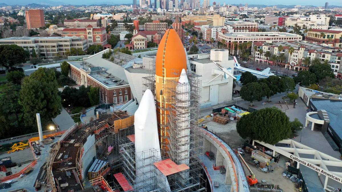 In an aerial view, construction continues around the retired NASA Space Shuttle Endeavour at the California Science Center on February 14, 2024 in Los Angeles.