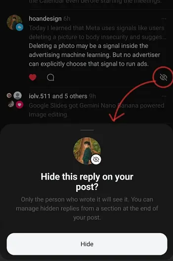 Threads hide replies