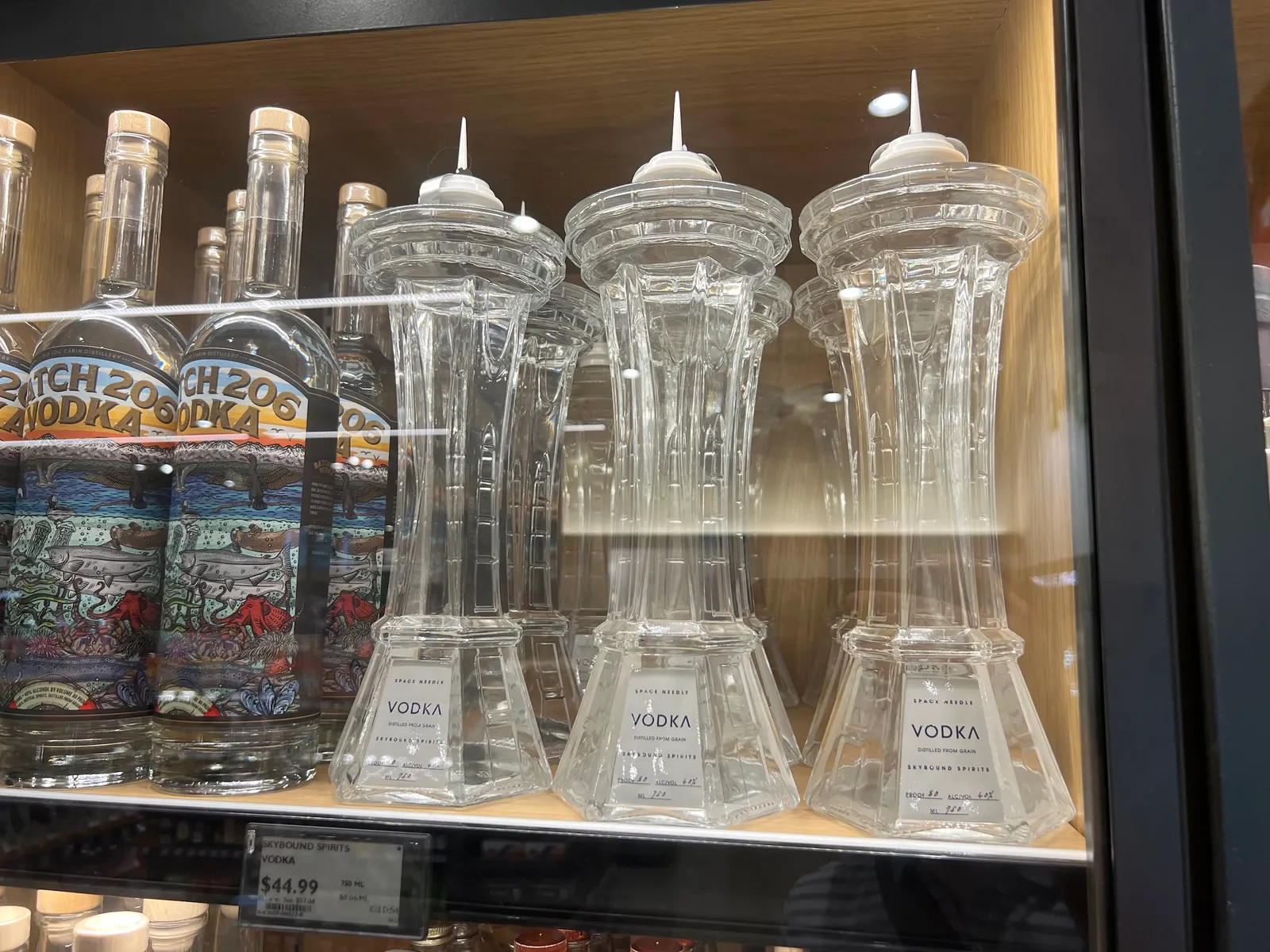 A bottle of vodka shaped like the Space Needle at PCC Corner Market