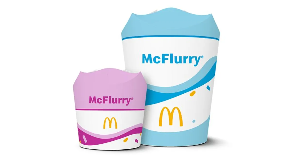 Two sizes of McDonald's McFlurry ice cream treat in cups with four flaps at the top.