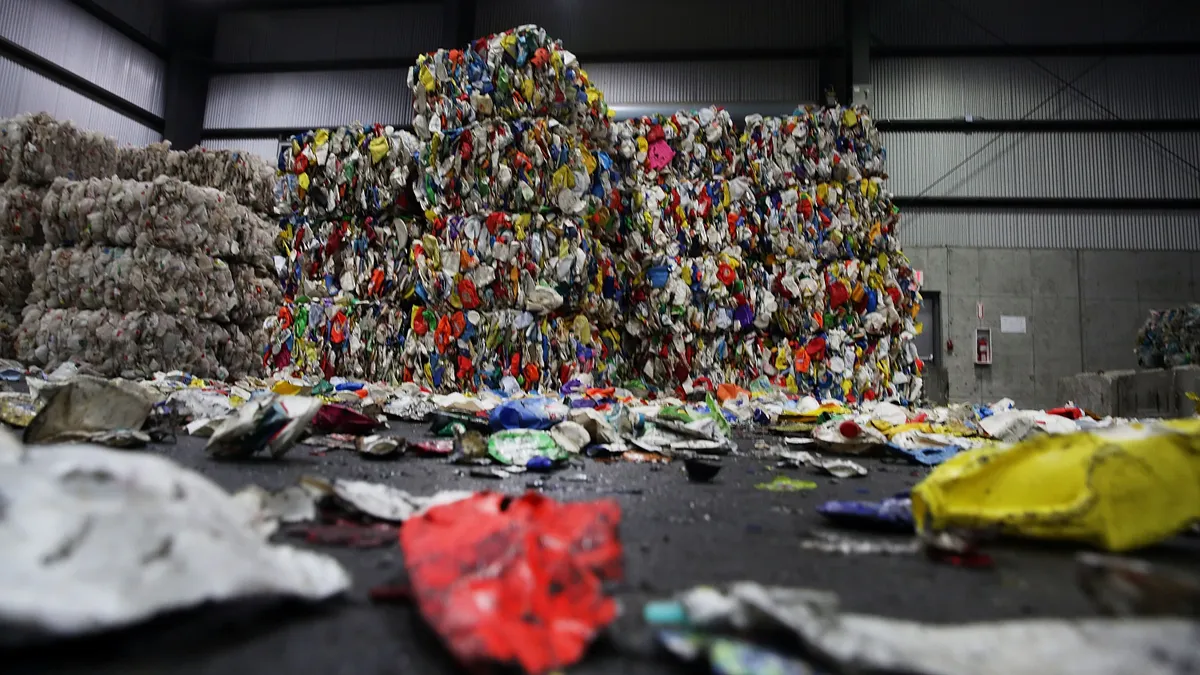 Bales of recycled material in industrial facility