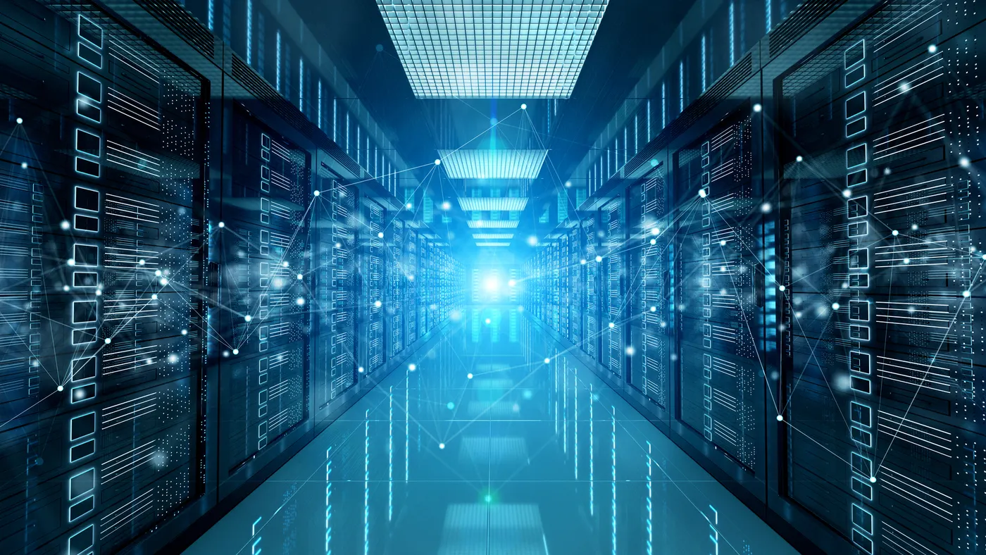 Connection network in dark servers data center room storage systems.
