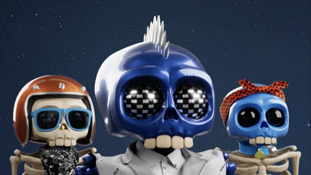 Three Kia skeleton NFTs against a starry blue background.