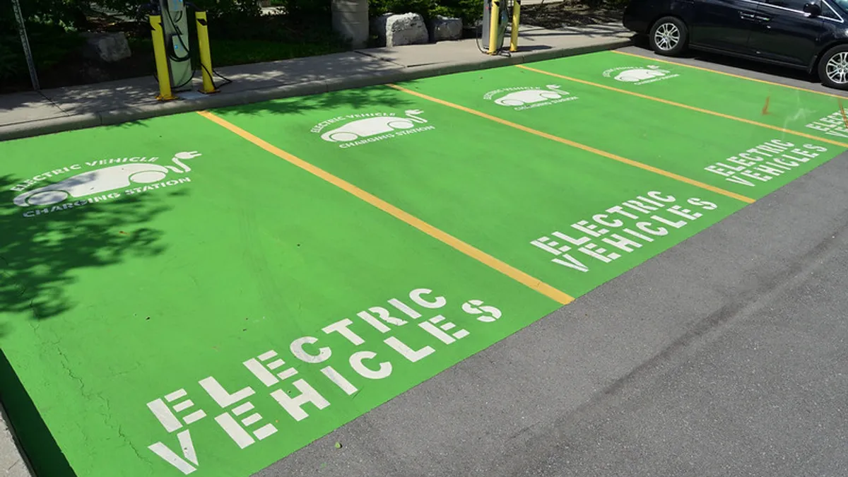 A photo of parking spaces reserved for EV charging