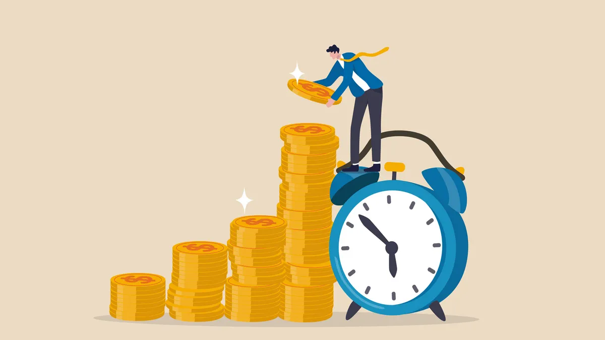 businessperson on alarm clock put more dollar coin money to increase his savings