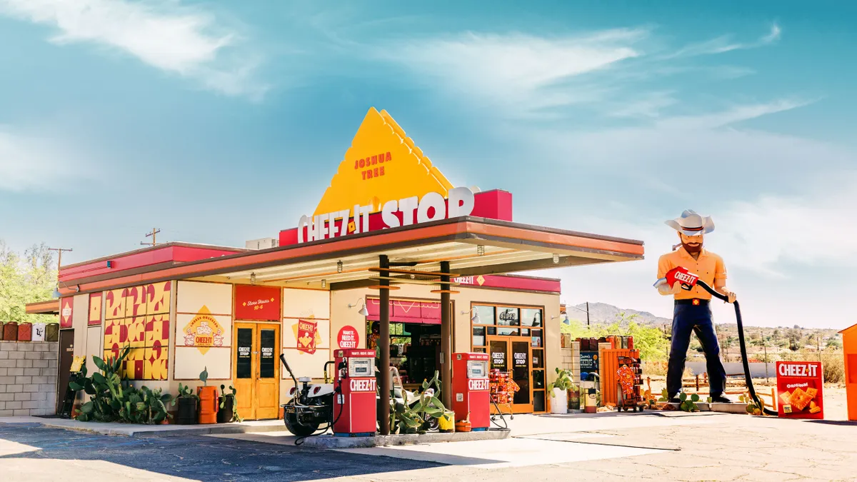 A photo of the exterior of the Cheez-It Stop, a limited-time c-store based around the titular snack cracker.