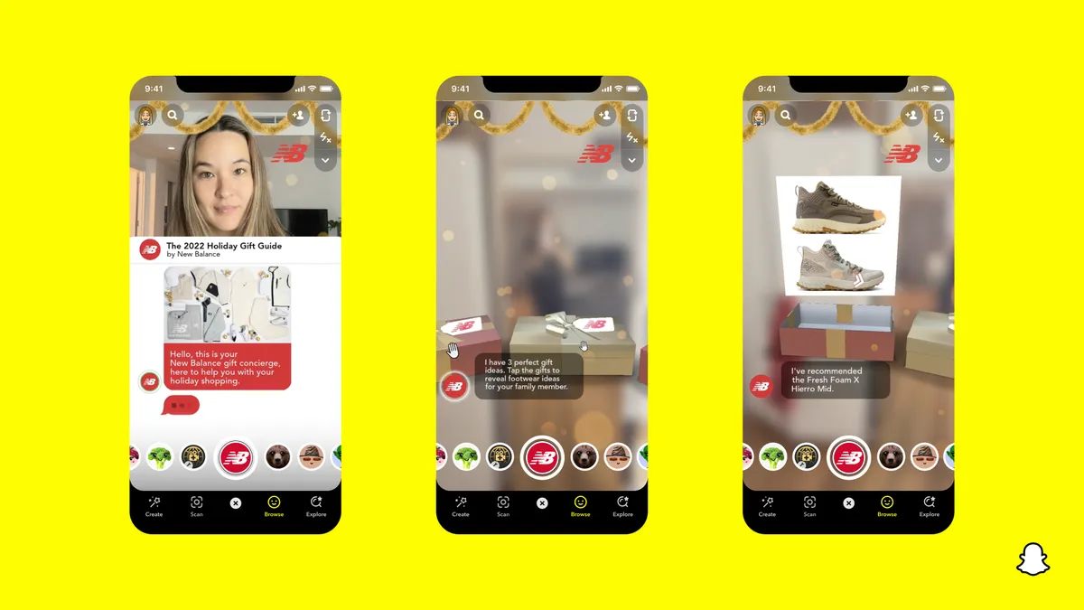 Several screenshots of the New Balance Snapchat lens on a mobile phone.