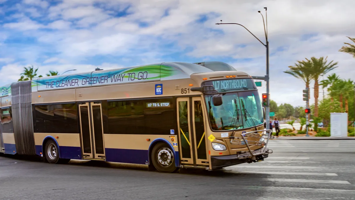 A Las Vegas city articulated bus making a left turn onto South Las Vegas Boulevard in Las Vegas, Nevada.