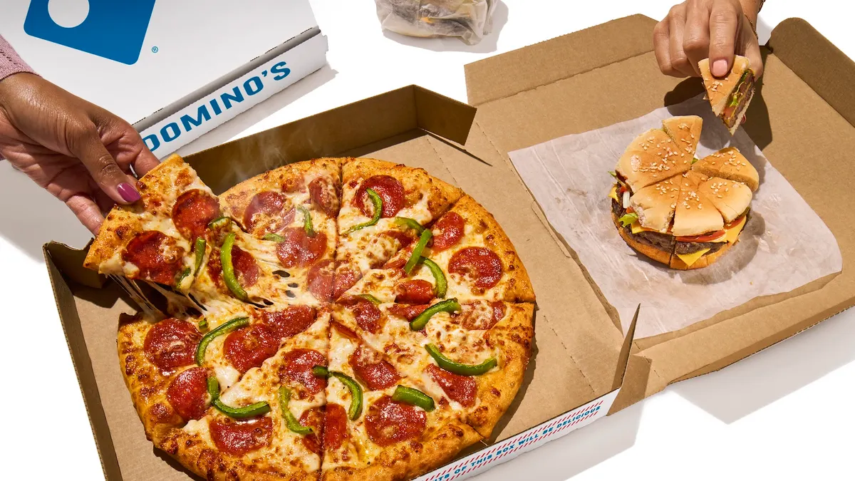 Domino's pizza and a fast food burger