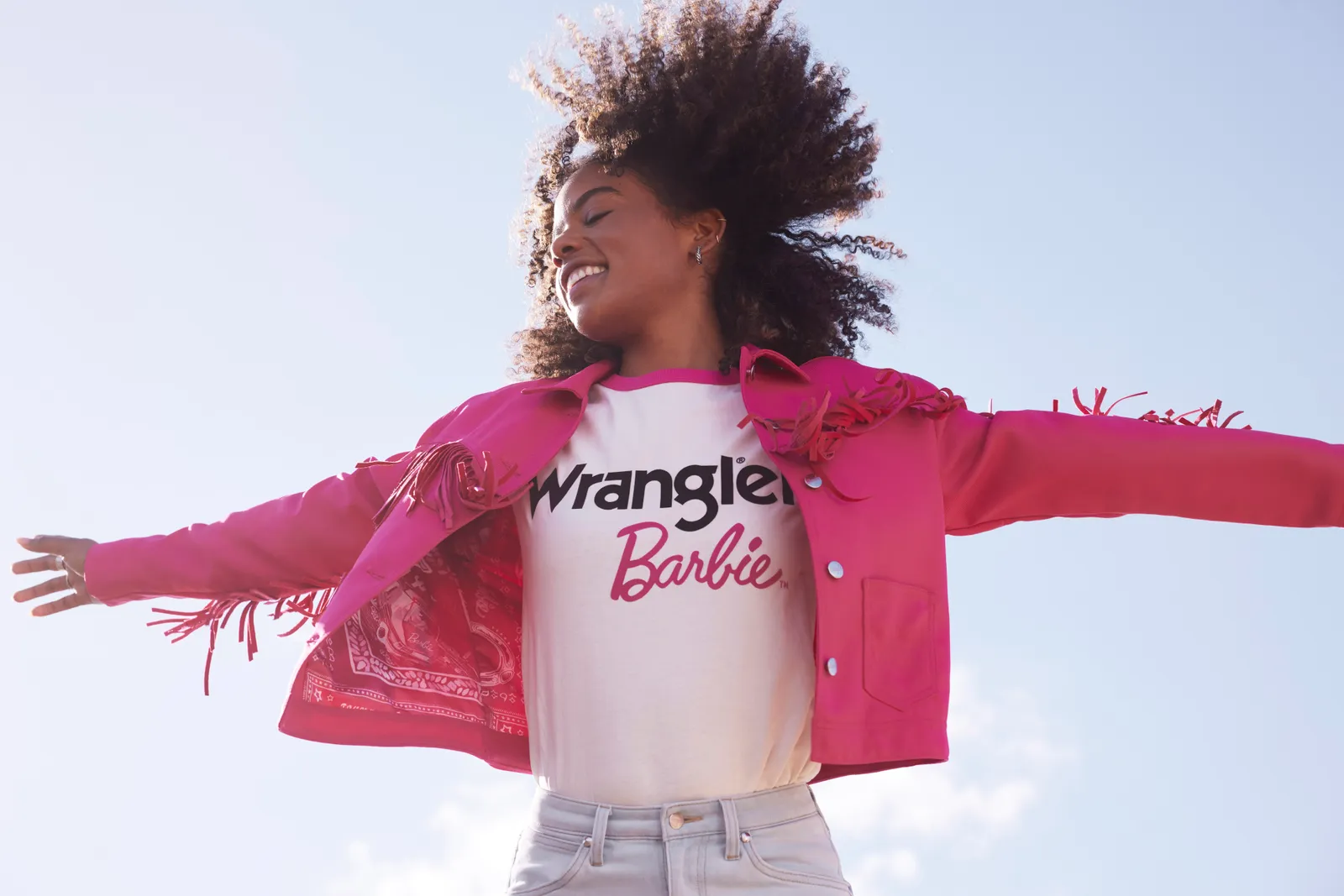 A model wearing pieces from the Wrangler x Barbie collection.