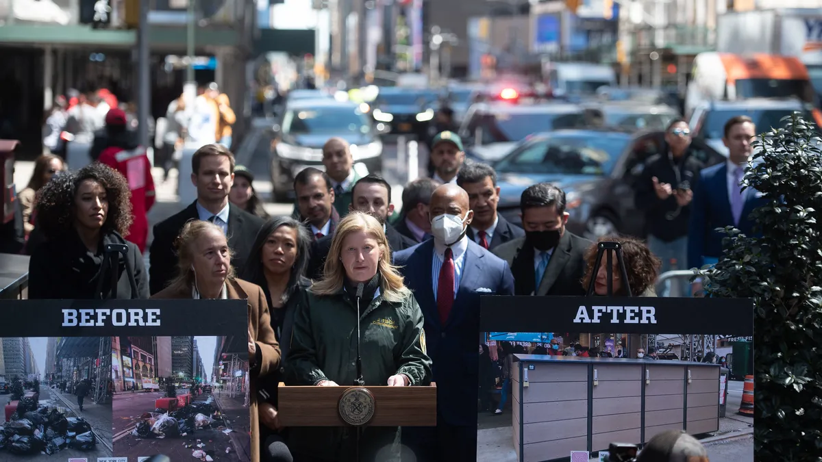 New York City Mayor Eric Adams and New York City Department of Sanitation (DSNY) Commissioner Jessica S. Tisch unveil the city’s first containerized waste bins in a New York City commercial district,