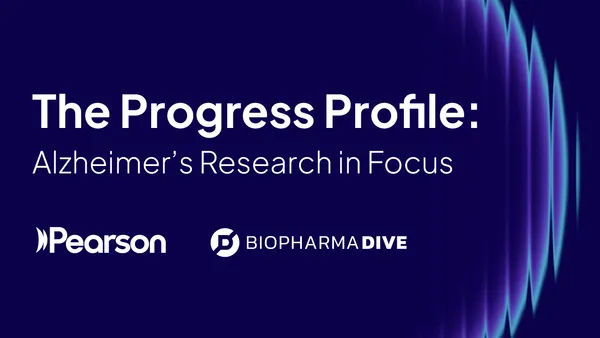 This image depicts the podcast series cover image for Pearson's BioPharma Dive series, "The Progress Profile: Alzheimer’s Research in Focus"