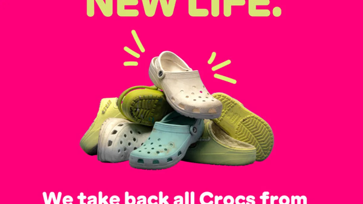 A brand image of Crocs takeback program with used shoes.