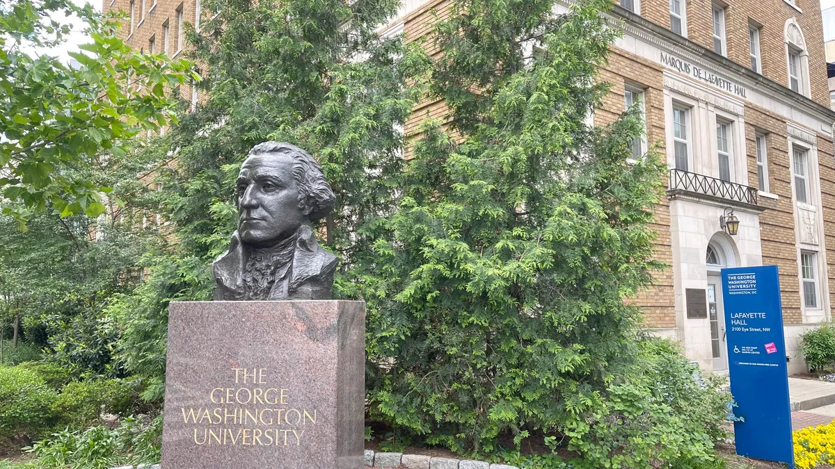 A bust sits on the George Washington University campus.