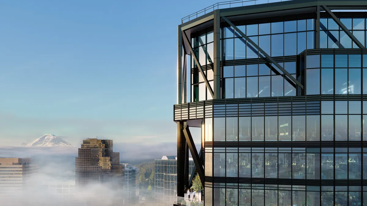 A rendering of the top of a tower overlooking a foggy city skyline.