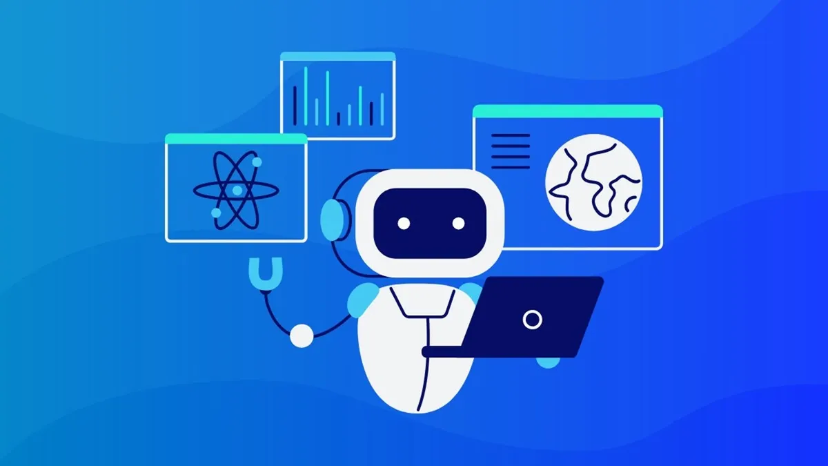 A cartoon robot with headphones and a laptop is surrounded by science-themed icons, including a chart, an atom, and a globe. The background is blue.