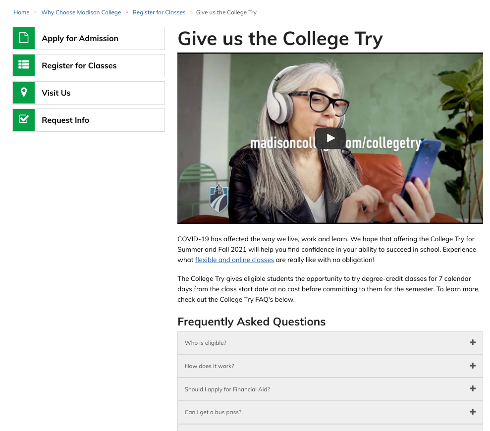 A screenshot of the webpage advertising Madison College's College Try program.