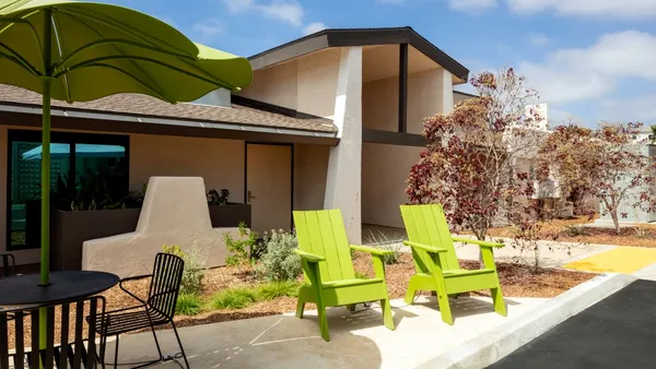 An outside view of a patio area.