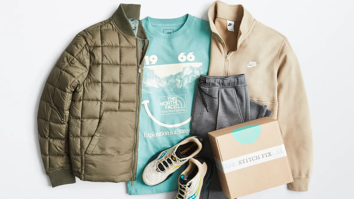 Five pieces of clothing, with a cardboard box to the right that says "Stitch Fix."