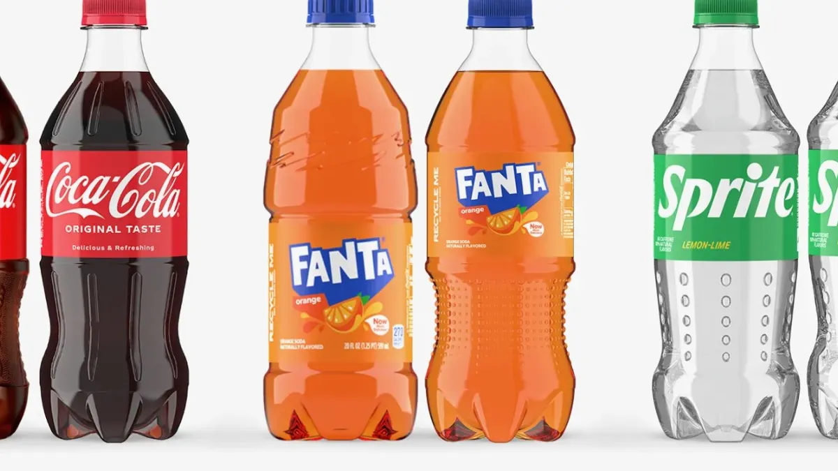 A lineup of six lightweighted beverage bottles (two Coca-Cola bottles, 2 Fanta bottles, 2 Sprite bottles)