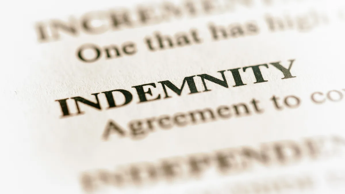 The word "indemnity" spotlighted on a contract