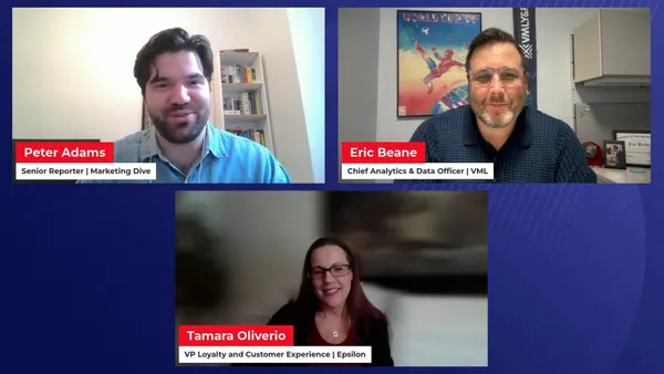 Three presenters on zoom call with a blue background.