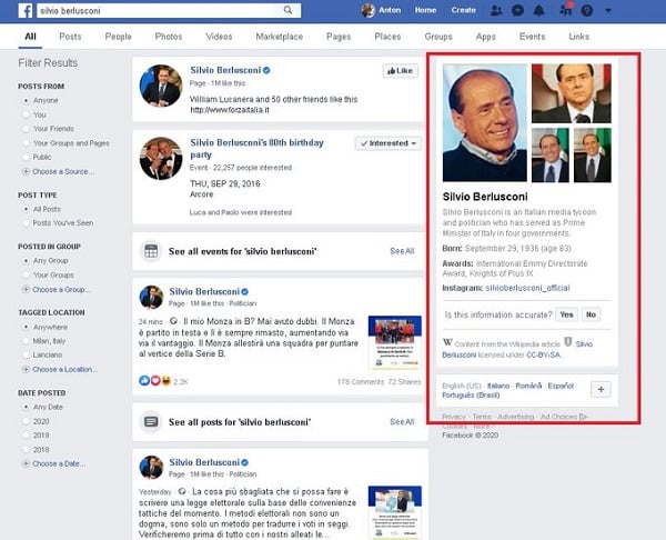 Wikipedia knowledge panel in Facebook