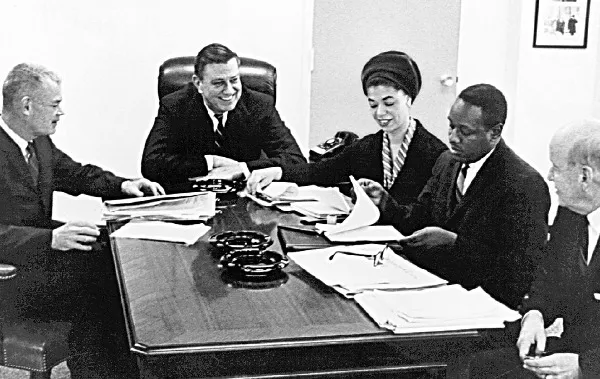 The first EEOC: Commissioner Richard Graham, Chairman Franklin D. Roosevelt, Jr., Commissioners Aileen Hernandez, Samuel C. Jackson and Luther Holcomb.