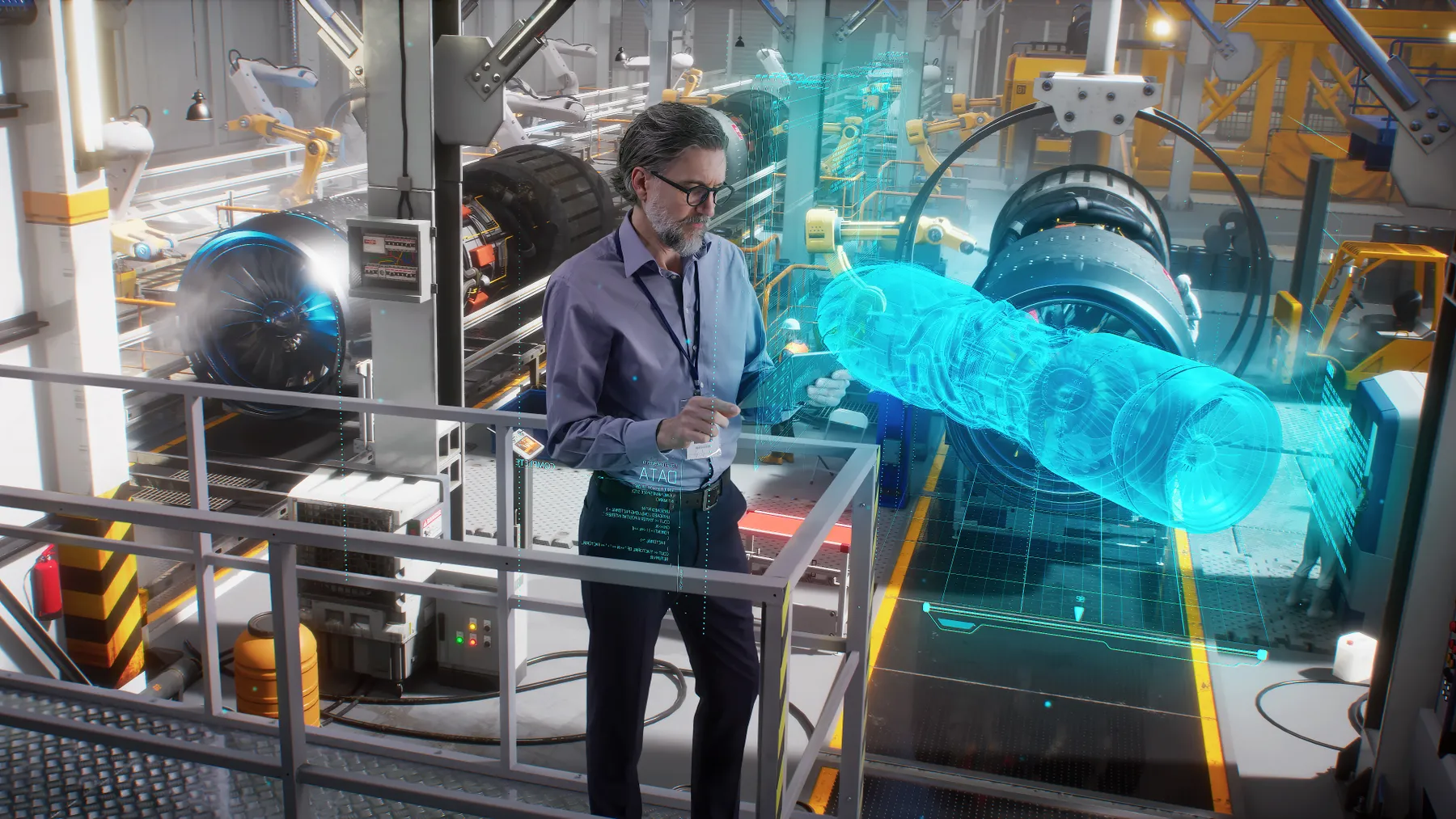 An engineer uses a tablet with a holographic innovative application, to model and design and monitor a 3D model of an aircraft engine while on an automated robotic line at an aerospace factory