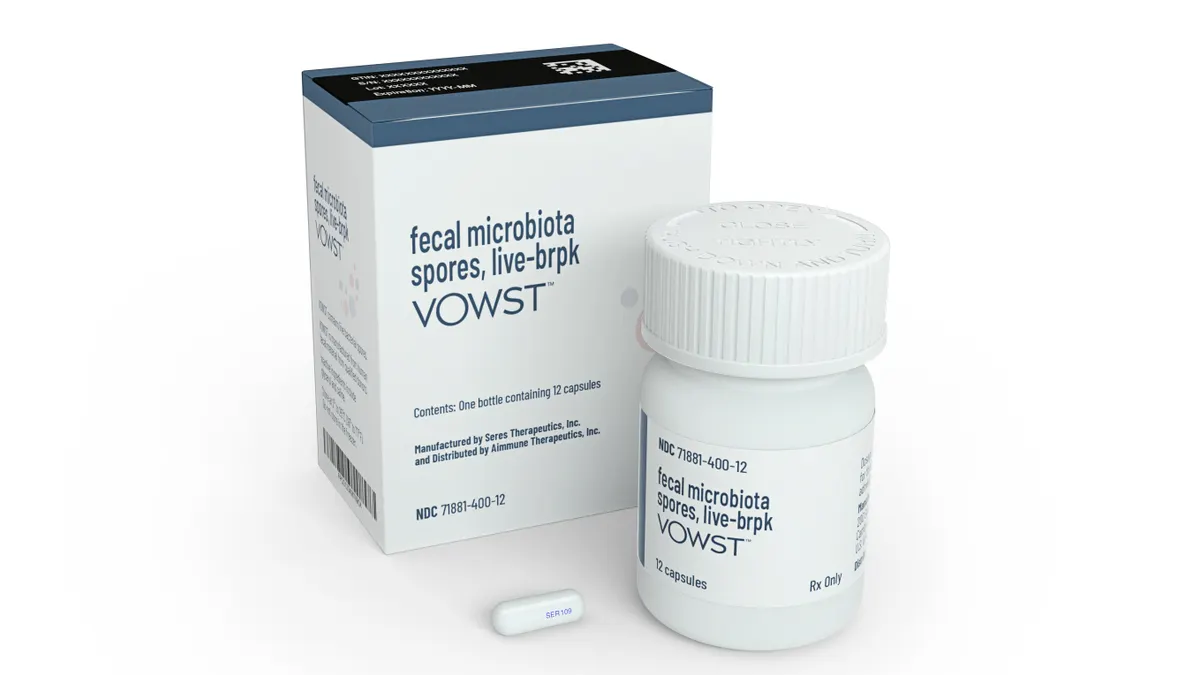 Seres Therapeutics' microbiome pill Vowst for recurrent C. diff. infections.