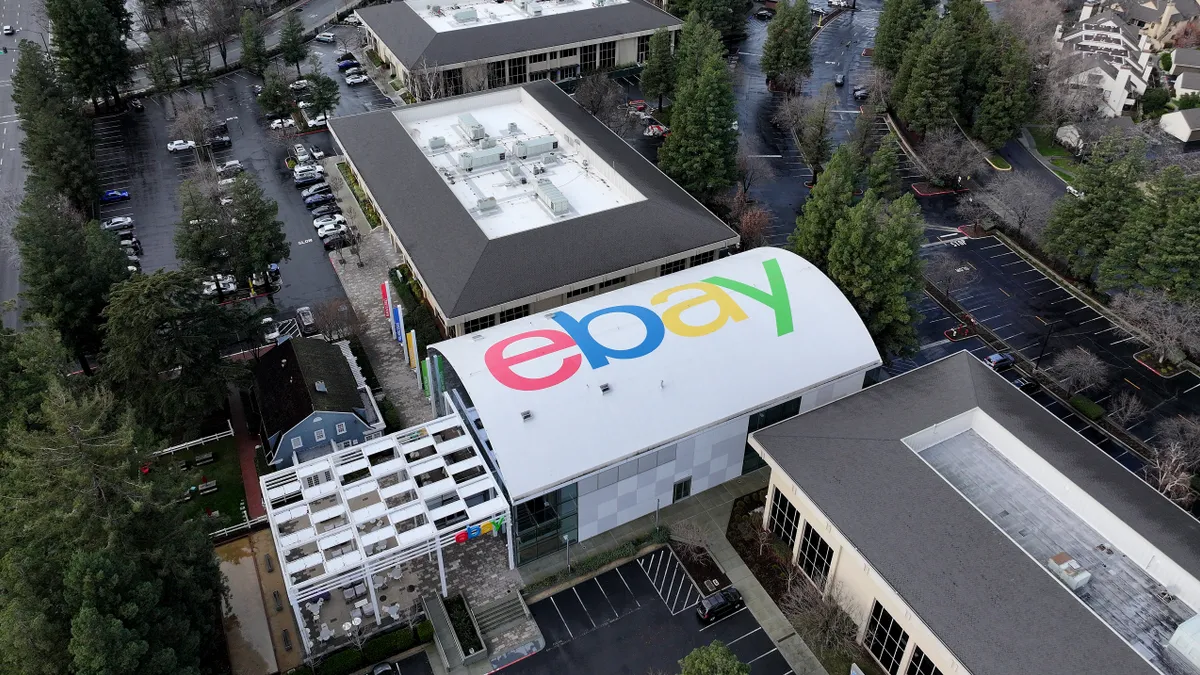 The eBay logo is displayed on the roof of eBay headquarters.