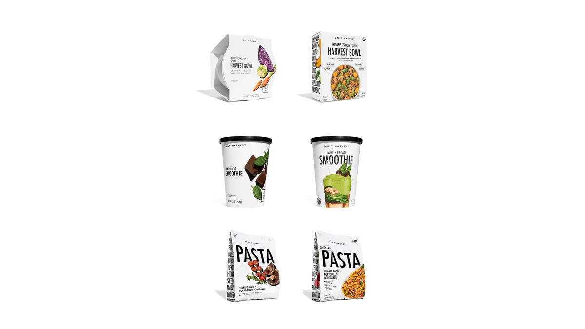 Side-by-side comparisons of Daily Harvests old and new packaging for its frozen foods.