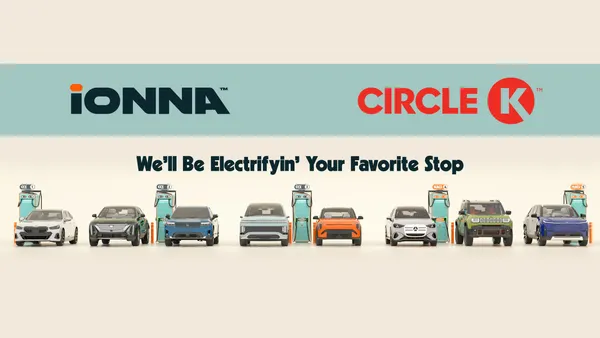 An image of a number of vehicles at EV chargers against a tan background. Text above the image says "Ionna. Circle K. We'll be electrifying your favorite stop."