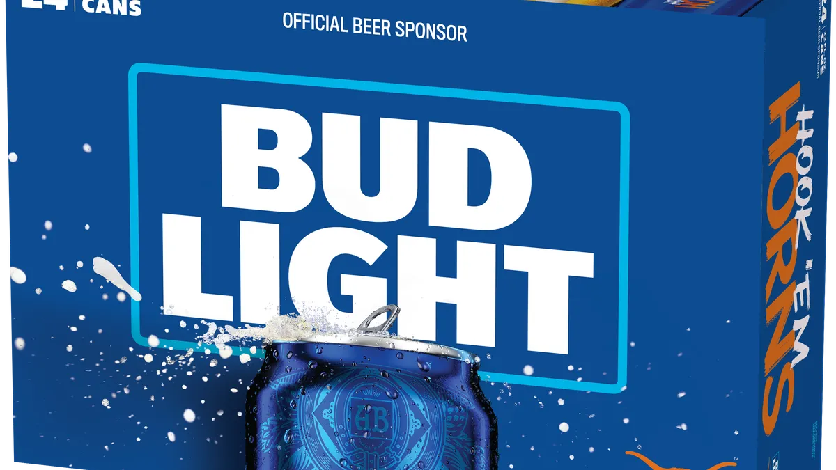 A blue case of University of Texas co-branded Bud Light against a white backdrop