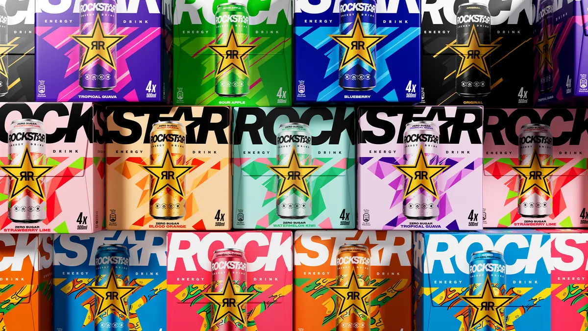 Cases of Rockstar energy drinks with the brand's redesigned logo