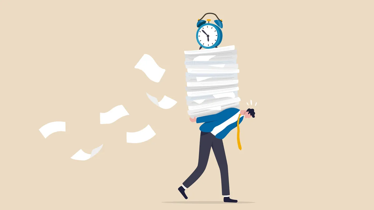 Illustrated stock image of a business person wearing a blazer and tie with a heavy load of paper on his back.