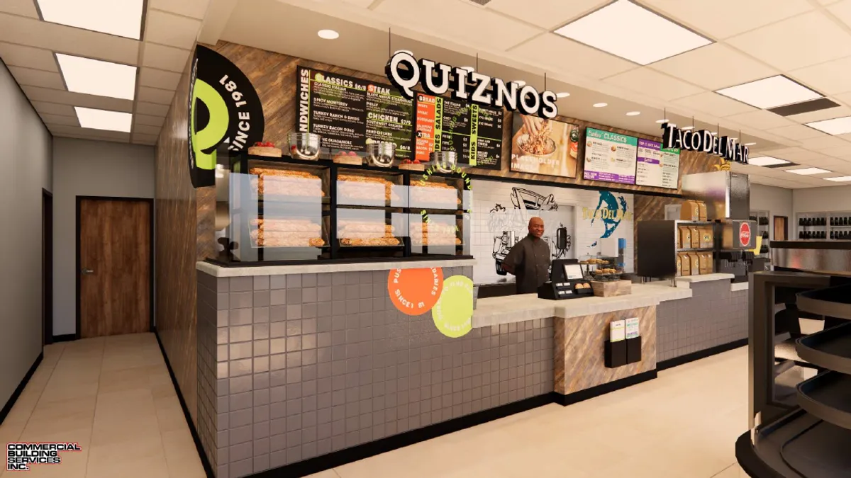 An artist rendering of a Quiznos and Taco Del Mar counter inside a Sunshine Gasoline Distributor's c-store.