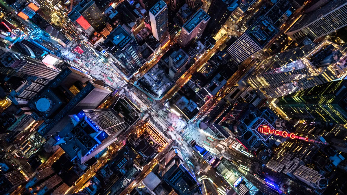 Helicopter point of view of famous Times Square in New York City