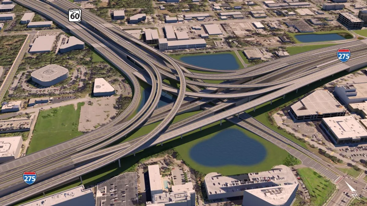 Rendering shows multiple lanes of highway crossing over each other.