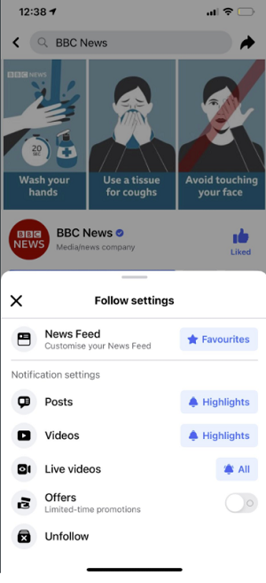 Facebook Page follow options