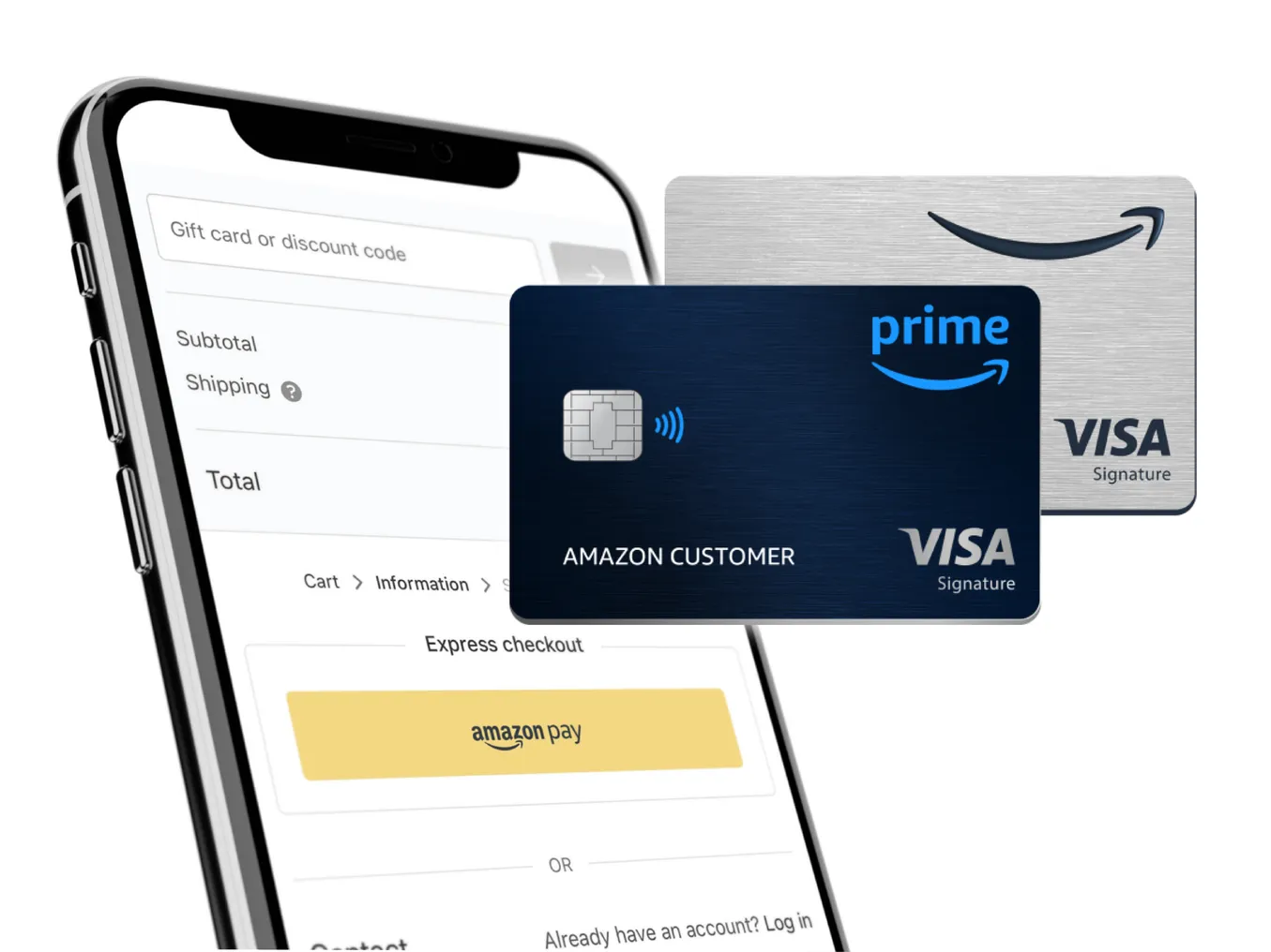 Two Amazon-branded credit cards in front of the Amazon checkout page displayed on a mobile phone.