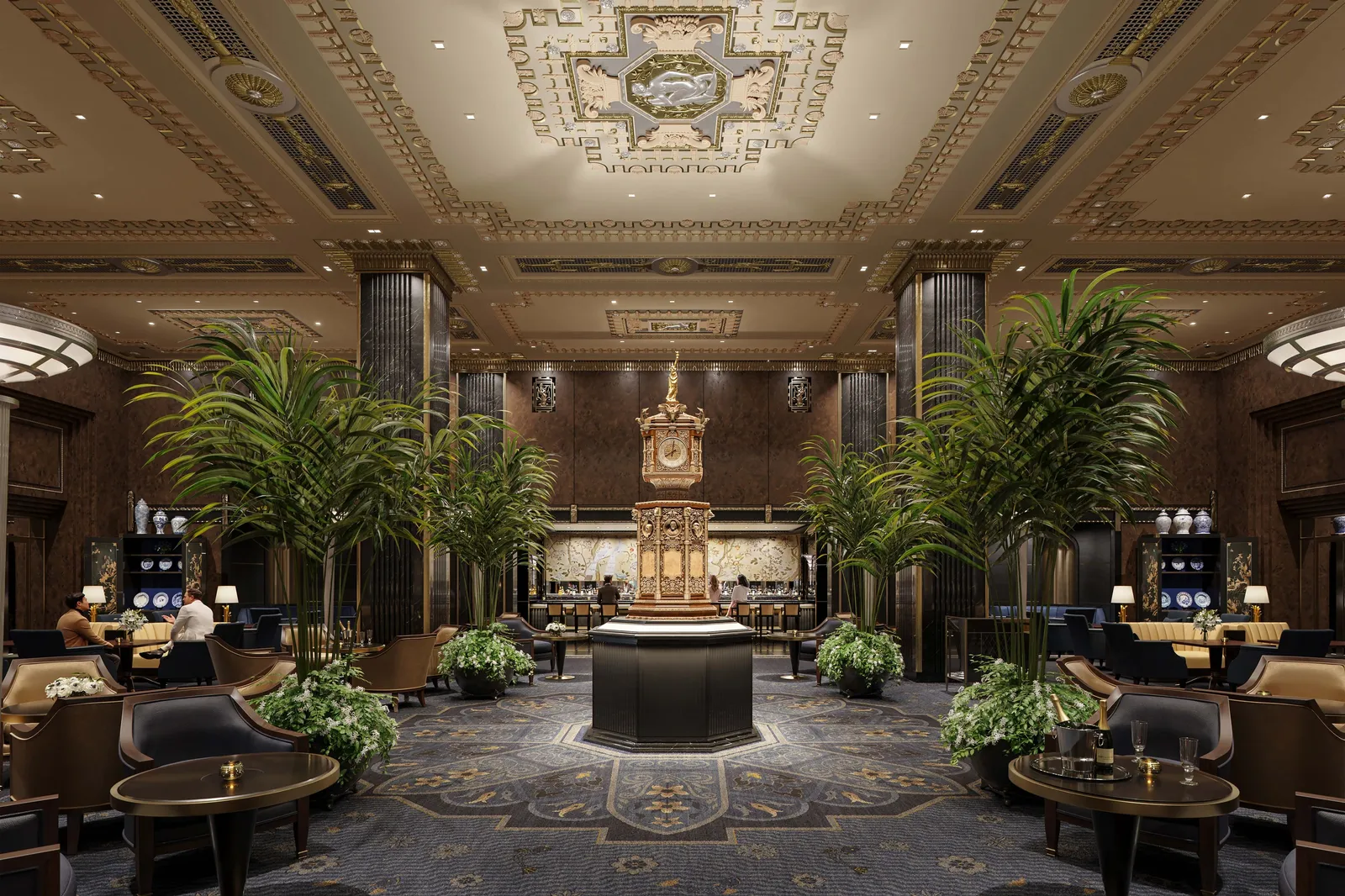 The lobby of the hotel features a golden clock.