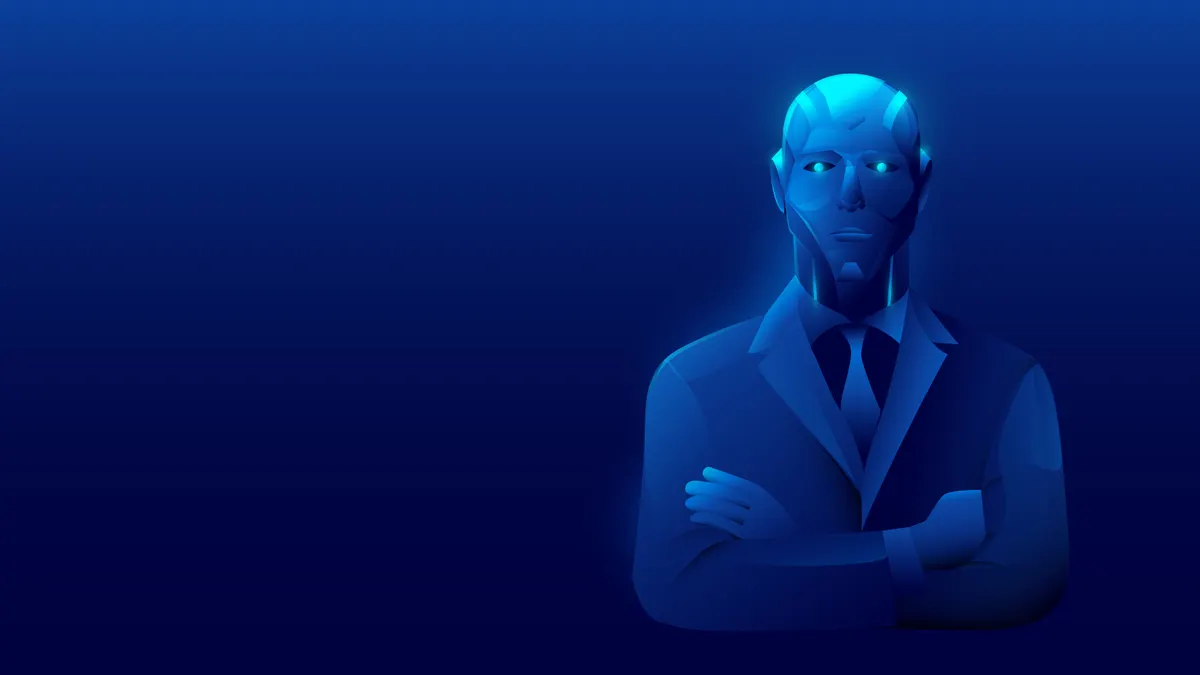 AI business person stands with arms crossed