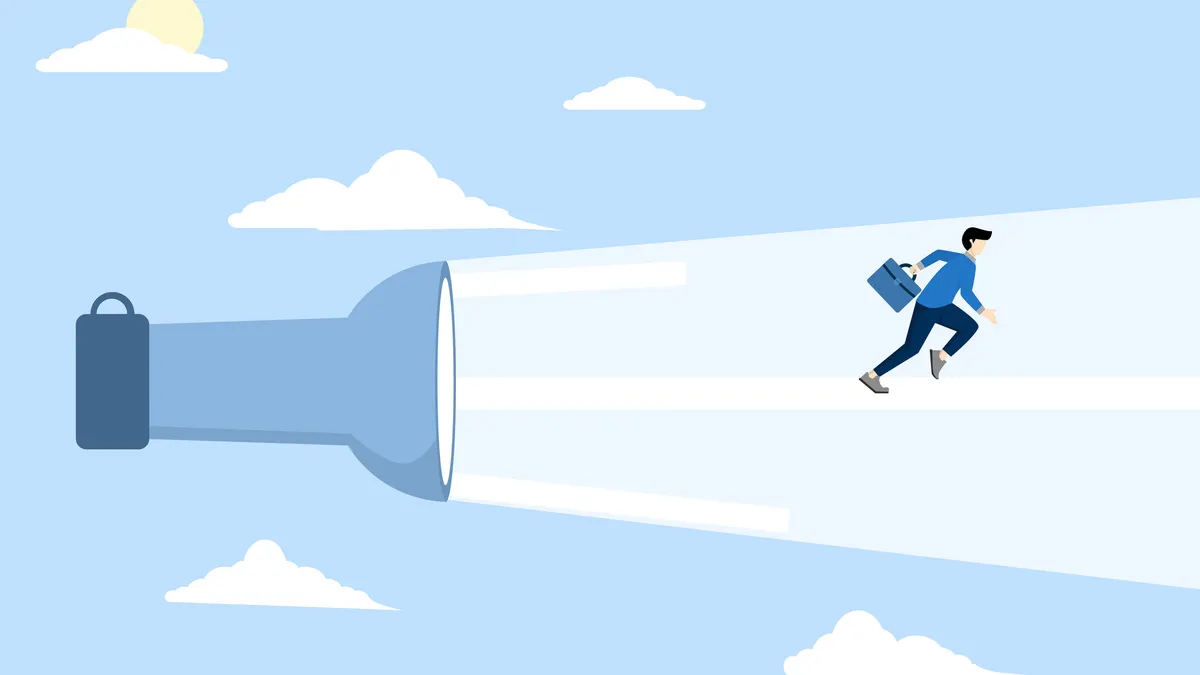 Confident business person in the sky walking forward in the beam of a flash light.