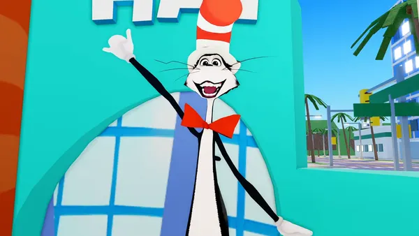 The Cat in the Hat waves in a Roblox game.
