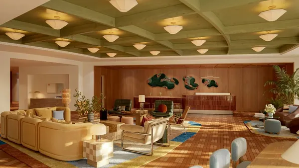 A rendering shows the lobby at Hotel Indigo Raleigh.