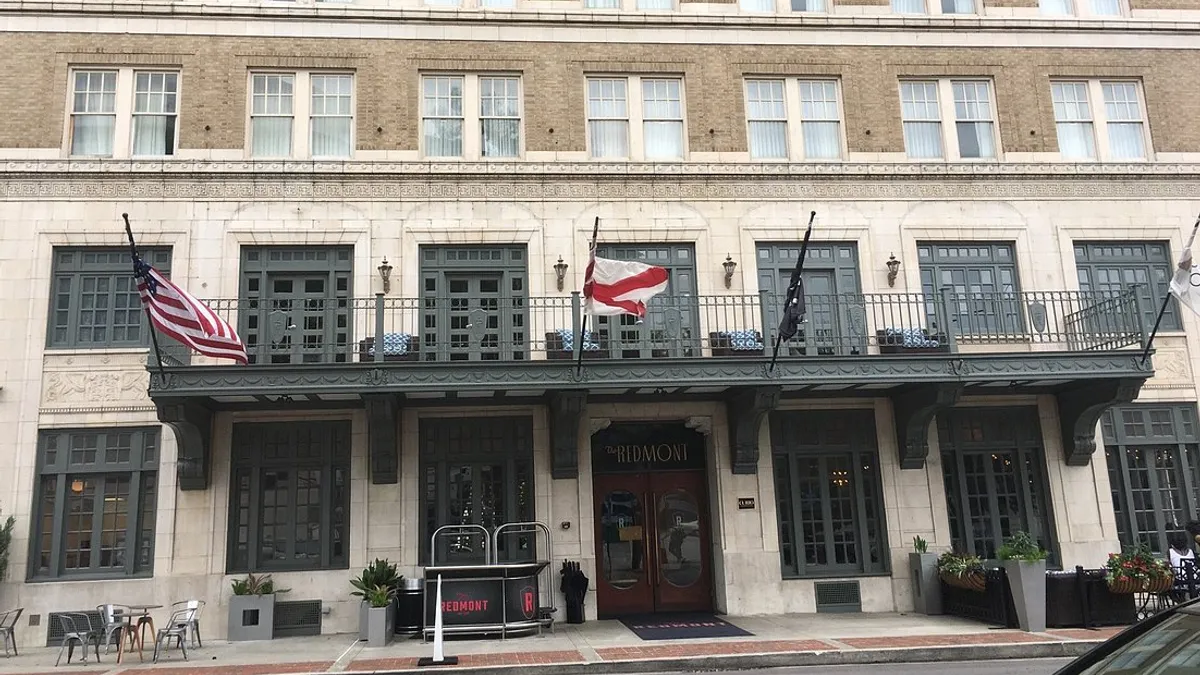 The front entrance of the Redmont Hotel in Birmingham, Alabama.