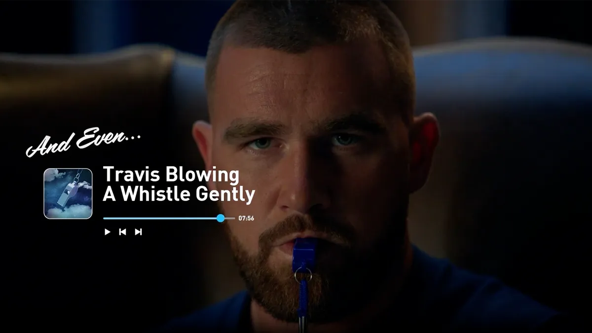 Travis Kelce of the Kansas City Chiefs seen blowing a blue whistle as part of a "Sack the Sunday Scaries" audio collection of "calming" tracks made for DirecTV around football season.